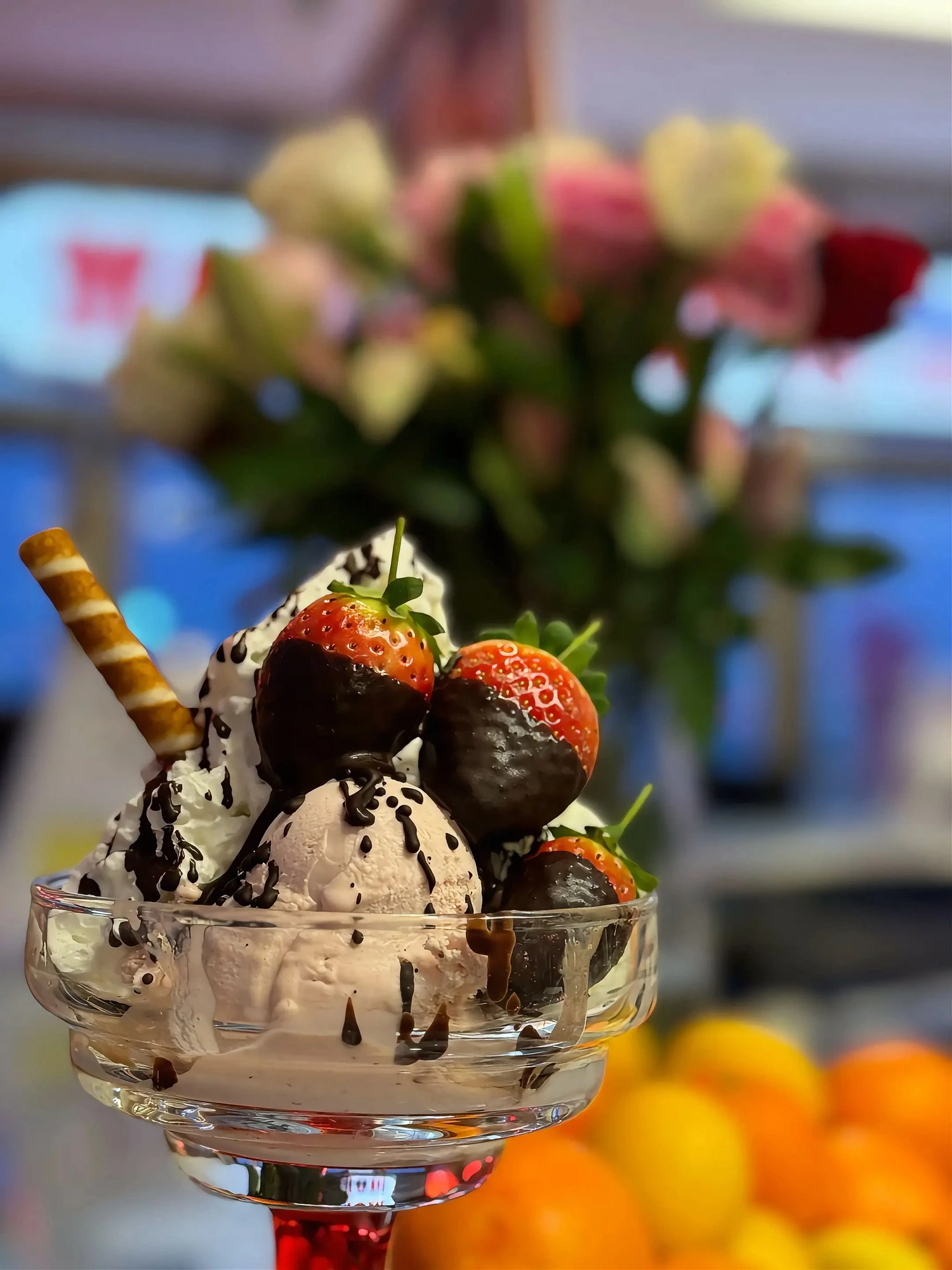 A Morelli's sundae with chocolate-dipped strawberries